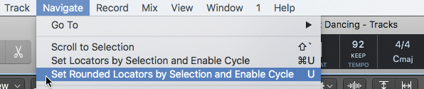 The Logic Pro X main window shows a few menus at the top, where the "navigate" menu is selected. This displays a list of options in which "Set rounded locators by selection and enable cycle" is selected.