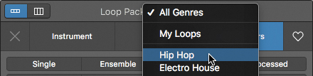 A snapshot of the loop browser window displays a loop packs pop-up menu with the options, my loops, hip hop, and electro house. In which, hip hop option is selected.