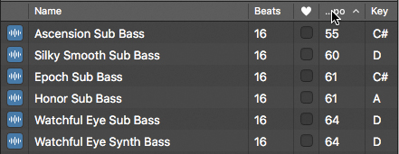 A snapshot represents the results list at the bottom of the loop browser. It includes the following column headers, song name, beats, tempo, and key, in which "Tempo" column name is highlighted.