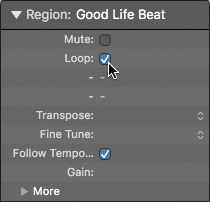 The region inspector of Good life beat region is shown, which displays the following parameters from top to bottom: mute, loop (selected), transpose, fine tune, and follow tempo (selected).