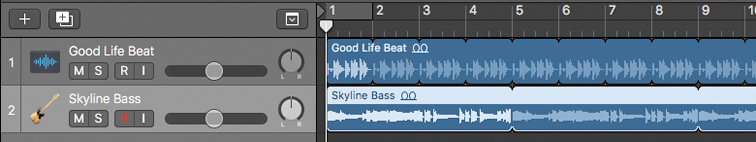 A screenshot of the Logic Pro X interface's workspace depicts the looping of Good life beat and Skyline bass tracks.