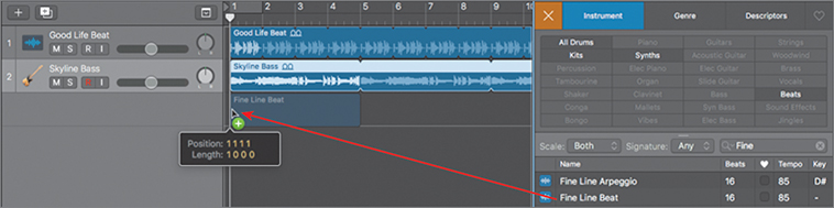 The main window of Logic Pro X depicts how to drag a Fine line beat from the results list to the workspace.