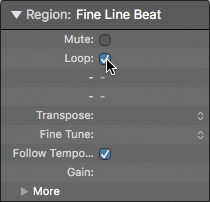The region inspector of Fine Line beat region is shown, which displays the following parameters from top to bottom: mute, loop (selected), transpose, fine tune, and follow tempo (selected).