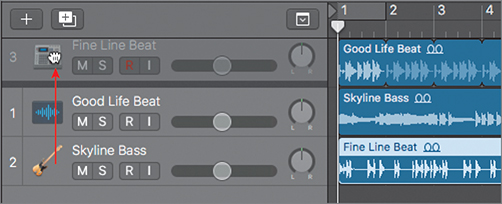 The workspace of Logic Pro X interface features the dragging of a track to reorder the tracks.