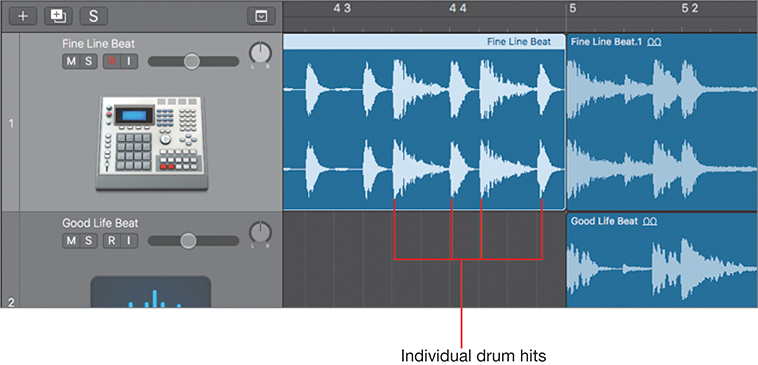 A screenshot of the workspace in Logic Pro X shows the zoomed view of tracks in the tracks area and also the looping of the tracks. In the tracks looping area, the drum hits on the waveform are shown clearly.