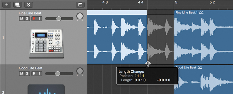 A screenshot represents how to hide drum hits in the workspace of Logic Pro X with the aid of a resize pointer.