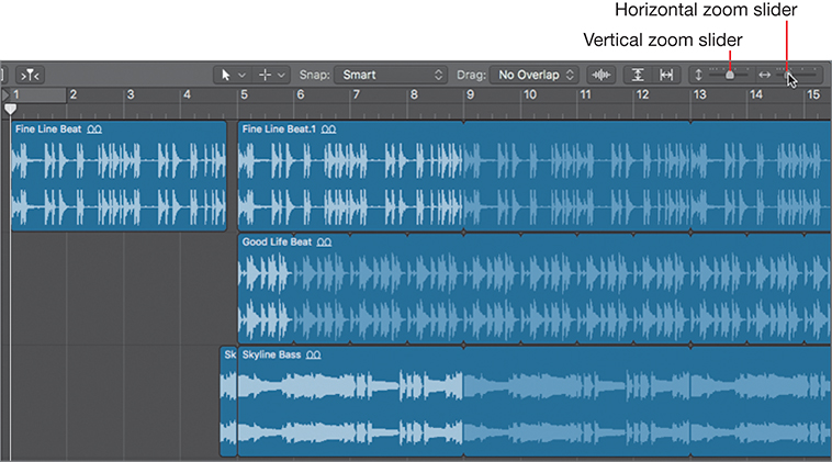 The workspace of Logic Pro X interface shows vertical zoom slider and horizontal zoom slider at the top. Here, the horizontal zoom slider is dragged to the left.