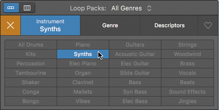 The loop browser window displays the loop packs for all genres. At the top, three buttons namely instrument, genre, and descriptors are shown, in which instrument button is selected. This shows a list of keyword buttons under the selected instrument button, where "synths" button is selected.