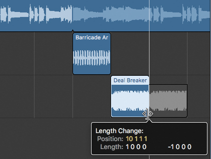 In the workspace window of Logic Pro X, a resize pointer at the lower region of a track "deal breaker arpeggio" shows a help tag which reads, length change: position is 10 1 1 1, length is 1 0 0 0 and negative 1 0 0 0.