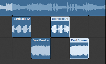 A snapshot of the Logic Pro X interface's workspace shows a set of bars with repeated tracks. The barricade arpeggio track is at two alternative bars, and deal breaker arpeggio track is at two other bars.
