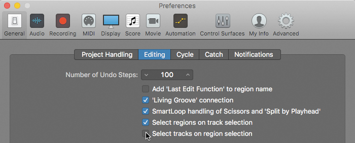 The preferences window of Logic Pro X is shown, which displays the following selected options from the "Editing" tab under the "General" menu: Living 'groove' connection, smartLoop handling of scissors and 'split by playhead,' and select regions on track selection. Here, the mouse pointer is placed over the unselected option "select tracks on region selection."