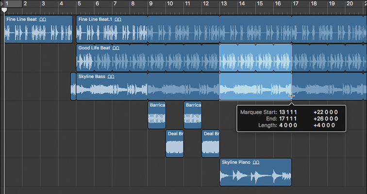 A screenshot of Logic Pro X workspace depicts a guideline to drag the waveform region of tracks using a marquee tool.