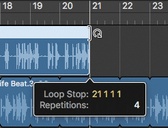 The Logic Pro X workspace shows the dragging of the loop tool to bar 21, where a help tag appears on dragging reads, loop stop is 21 1 1 1, and repetitions are not mentioned.