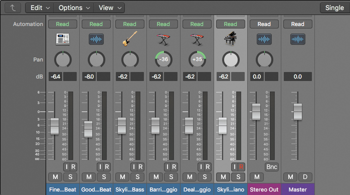 A screenshot of the bottom of the Logic Pro X interface displays the mixer, which includes multiple channel strips with automation mode button, pan knob, peak level display, level meter, input monitoring button, record enable button, bounce button, mute button, and solo button.