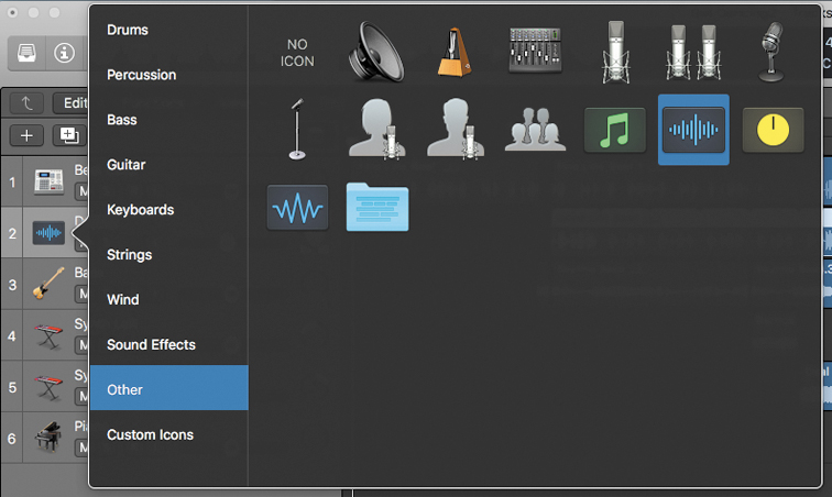 A screenshot shows the Logic Pro X tracks area, where a icon in the track header of track 2 is selected, which displays a shortcut menu with various icons.