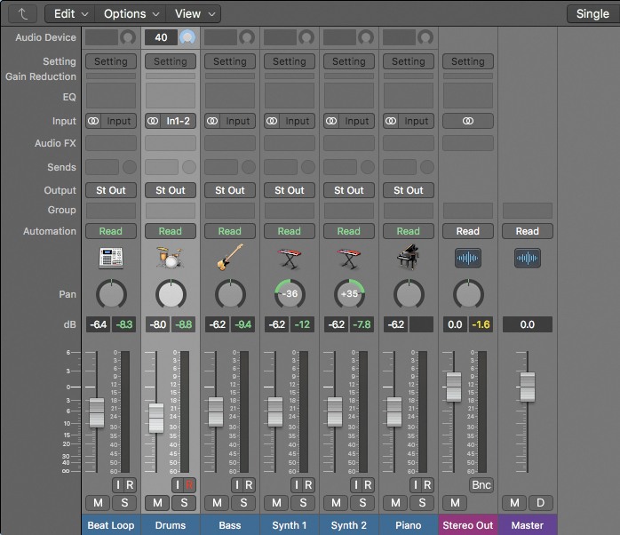 The Logic Pro X interface shows the mixer that is present at the bottom of the window, which includes multiple channel strips. The mixer looks taller compared to the original version due to the dragging of "resize pointer" up to a certain extent.