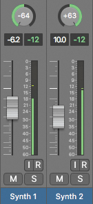 A snapshot of the mixer shows two channel strips, Synth 1, and Synth 2. The pan knobs of synth 1 channel strip and synth 2 channel strip are set with the values, negative 64 and 63, respectively.