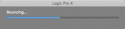 The Logic Pro X dialog shows a progress bar for bouncing.