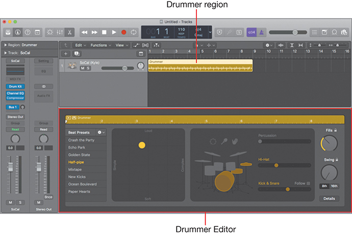 A screenshot shows the drummer editor and drummer region opened in the main window after the selection of drummer in the new tracks dialog.