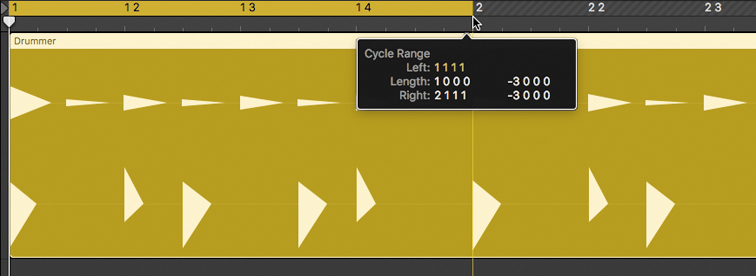 A screenshot shows the zoomed drummer region with two lanes of triangular waveforms, where the pointer is placed over the first half of the ruler. The help tag reads cycle range left: 1 1 1 1, length: 1 0 0 0, right: 2 1 1 1.