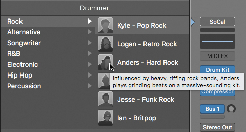 A screenshot shows the drummers and drum kit patches on clicking the library button.