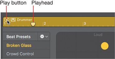 Snapshot of the drummer editor shows the play button marked at the left side corner of the ruler. The play button and the play head are labeled in the snapshot.