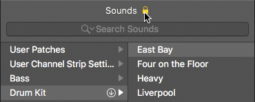 The snapshot shows the sounds section, in which the padlock icon near the header "sounds" is clicked. The sounds section lists user patches, user channel strip settings, bass, and drum kit. The east bay in the drum kit is selected.