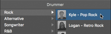 The snapshot shows the drummer section, in which the Kyle - pop-rock track in the rock section is selected.
