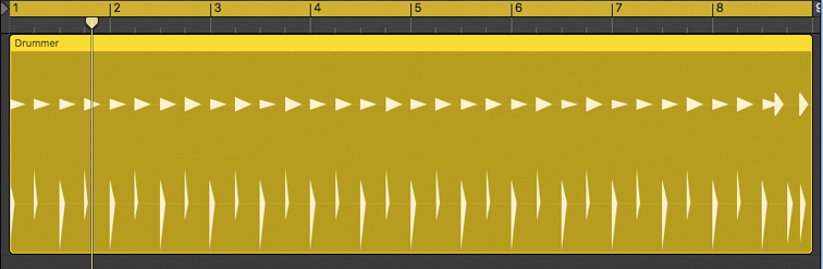 The screenshot shows the drummers region with two lanes of waveforms, in which the playhead is placed at the bar 2.