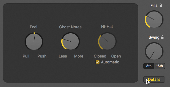 The screenshot shows the drummer editor with feel, ghost notes, and hit-hat knobs in the left section and fills and swing knobs in the right section. The checkbox for automatic is checked in the left section. The details button at the bottom of the right section is selected.