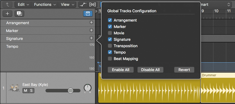 The screenshot shows the global tracks configuration shortcut menu while selecting the track from the global track header.