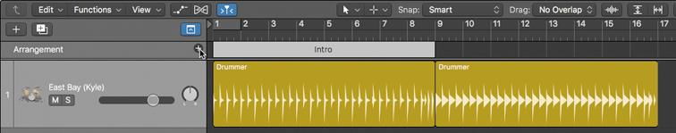 The screenshot shows the plus icon at the arrangement track header is clicked and the intro of length from bar 1 to bar 8 is displayed between the ruler and the drummer region.