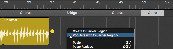 The screenshot shows the option "populate with drummer regions" selected in the menu on control-clicking the background of the drummer track. The menu lists create a drummer region, populate with drummer regions, paste, and paste replace.