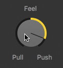 The Feel knob in the drummer editor is shown. A setting for the Feel knob is tried by dragging the Feel knob toward push.