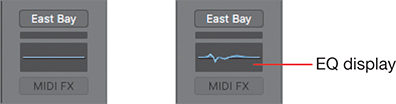 The EQ display on the left channel strip in the inspector is shown. The EQ curve on the EQ display fluctuates due to the changes made to the Channel EQ plug-in.