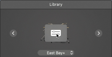 The drum kit icon present at the top of the library is shown. The icon is present above a list box in which the East Bay plus option is selected. The drum kit icon is clicked.