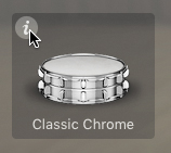 A snare option displayed in the left pane of the Drum Kit Designer is shown. The Classic Chrome snare is clicked and the info button next to it is clicked.