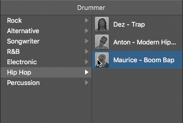 A screenshot shows the Drummer section. In the further left of the drummer section options such as Rock, Alternative, Songwriter, Hip-Hop, and Percussion are shown. The Hip-Hop option is selected and then the Maurice-Boom Bap option is selected.
