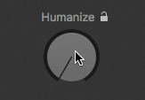 The Humanize knob present in the Drummer editor is shown. The Humanize knob is present above the Phrase Variation knob. The Humanize knob is turned all the way down (to null).