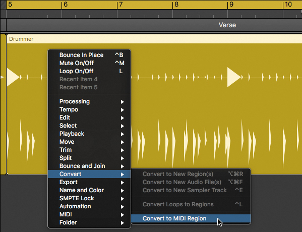 A screenshot depicts the drummer region in the workspace of the Logic Pro X. From the pop-up menu that appears after selecting this region, the convert option is selected followed by the option "Convert to MIDI Region."