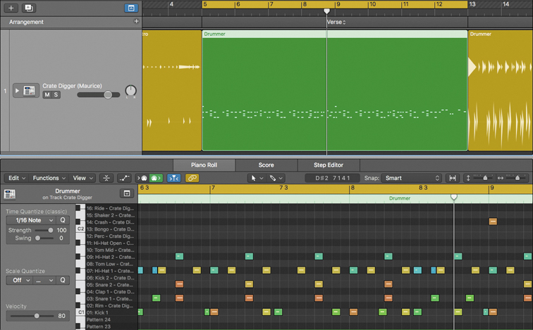 A screenshot of the workspace in Logic Pro X shows the drummer region overlapped by a green MIDI region in its middle. A piano roll editor is located beneath the drummer region.