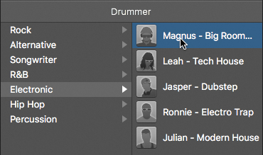 In the left pane of the drummer section, the electronic option is selected followed by 'Magnus-Big Room' option in the pop-up menu that follows.