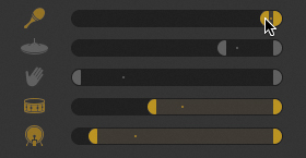 A snapshot of the drummer editor shows the slider for Shaker's left complexity range slid toward the right.