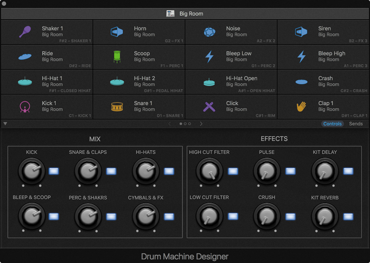 A screenshot of the Drum Machine Designer Interface shows the drum cells located under the 'Big Room' option at the top and the smart control options at the bottom that consists of 2 sections, namely Mix and Effects.