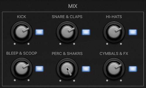 A snapshot of 6 knob controls in the Mix section is shown. The control knobs include kick, snare and claps, Hi-hats, Bleep and Scoop, Perc and Shakrs, and Cymbals and FX.
