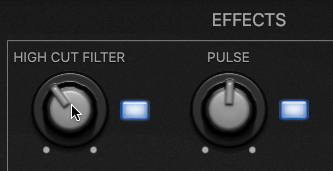 A snapshot depicts a portion of the effects section that includes the high cut filter and pulse knobs. The high cut filter knob is turned down and the pulse knob is turned up.