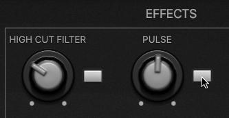 A snapshot depicts a portion of the effects section that includes a high cut filter and pulse section. The buttons next to the high cut filter knob and the pulse knob are selected.