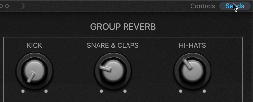 A snapshot of the smart control section shows the 'sends' tab near the controls tab selected. Three group reverb knobs, namely Kick, Snare and claps, and hi-hats are shown.