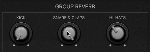 A snapshot shows the three knobs in the group reverb section turned up.