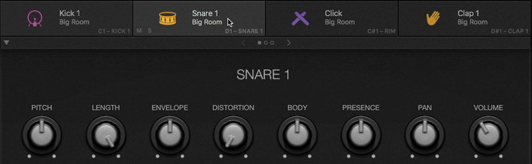 A screenshot depicts the control knobs under the kit piece 'Snare 1 Big Room'. Eight knobs are displayed under the Snare 1 section.